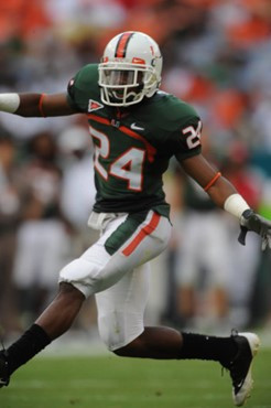 University of Miami Hurricanes defensive back Chavez Grant #24 in a game against the Deamon Deacons of Wake Forest at Dolphin Stadium on October 25,...