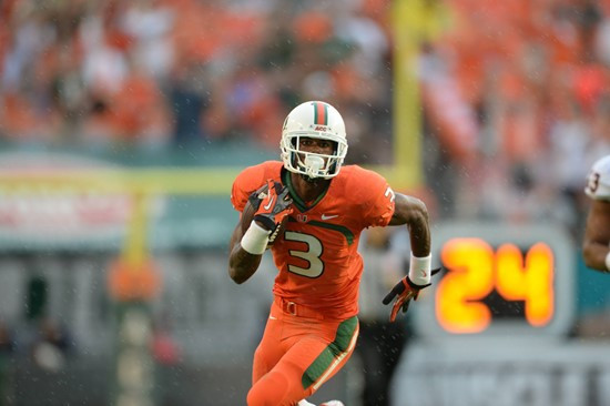 University of Miami Hurricanes wide receiver Stacy Coley #3 plays in a game against the Virginia Cavaliers at Sun Life Stadium on November 23, 2013. ...