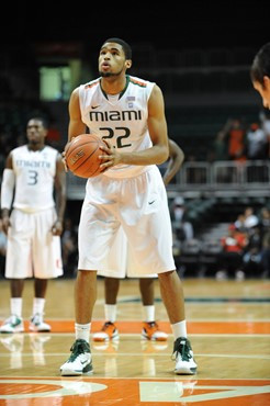 University of Miami Hurricanes forward, Donnavan Kirk #22, plays host to the Stetson University Hatters at the BankUnited Center on December 12, 2010....