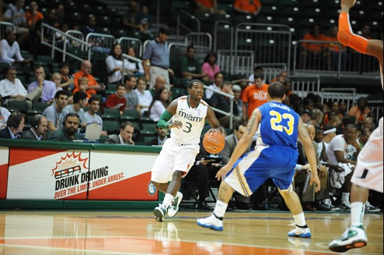 University of Miami Hurricanes guard Malcolm Grant #3 plays in a game against the Mcneese State Cowboys at the BankUnited Center on November 24, 2010....