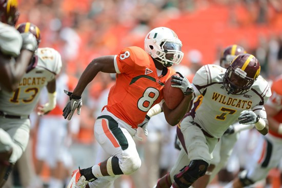 University of Miami Hurricanes running back Duke Johnson #8 plays in a game against the Bethune Cookman Wildcats at Sun Life Stadium on September 15,...