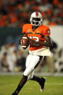 University of Miami Hurricanes quarterback Jacory Harris #12 in his debut completed 16 passes on 26 attempts for 190 yards against Charleston Southern...