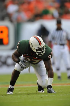 University of Miami Hurricanes Adewale Ojomo #97 plays in a game against the Deamon Deacons of Wake Forest at Dolphin Stadium on October 25, 2008. ...