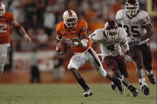 University of Miami wide receiver Sam Shields #83 catches a pass in a game against the Texas A&M Aggies at the Orange Bowl on September 20, 2007. The...
