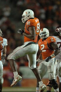 University of Miami Hurricanes defensive end Calais Campbell #81 celebrates after a sack against the Virginia Tech Hokies at the Orange Bowl on...