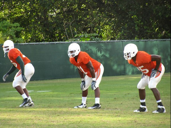 Linebackers Kylan Robinson (L), Arthur Brown (C) and Ramon Buchanan (R) at practice Monday morning at the Greentree Practice Fields.