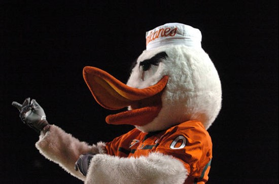 University of Miami mascot Sebastian the Ibis entertains the crowd during a game against the Virginia Cavaliers at the Orange Bowl on November 10,...