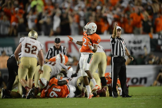 University of Miami Hurricanes defensive back Deon Bush #2 catches a ball in a game the Florida State Seminoles at Sun Life Stadium on October 20,...