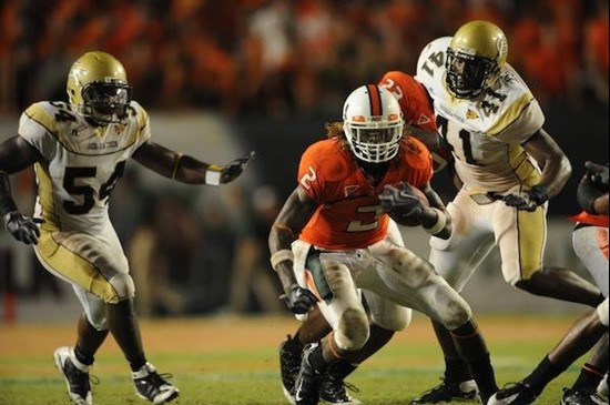 University of Miami Hurricanes running back Graig Cooper #2 carries the ball in a game against the Georgia Tech Yellow Jackets at Land Shark Stadium...