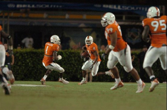Univeristy of Miami cornerback Glenn Sharpe #4 running back an interception against the Virginia Tech Hoakies at the Orange Bowl on November 4, 2006....