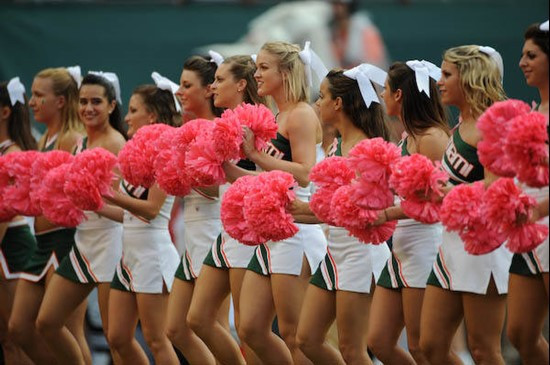 University of Miami Hurricanes cheerleader team at a game against the University of Central Florida Knights at Dolphin Stadium on October 11, 2008. ...