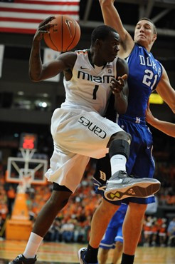 University of Miami Hurricanes guard, Durand Scott, #1, plays host to the Duke Blue Devils at the BankUnited Center on February 13, 2011. Photo by...