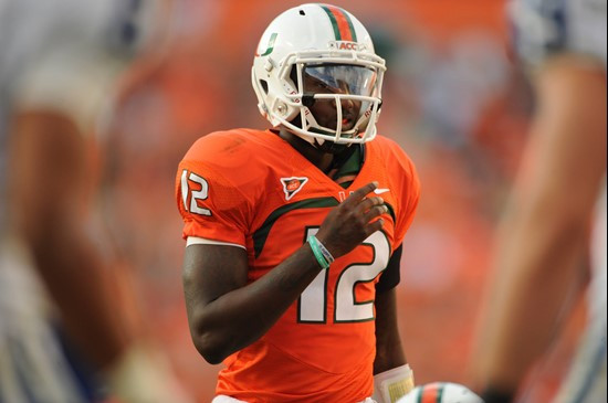 University of Miami Hurricanes quarterback Jacory Harris #12 plays in a game against the Duke Blue Devils at Sun Life Stadium on November 5, 2011....