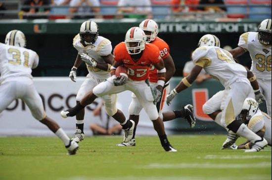 University of Miami Hurricanes running back Lee Chambers #32 rushed 4 times for 31 yards in a game against the University of Central Florida Knights...