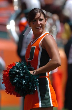 A University of Miami cheeleader entertains fans at the Orange Bowl before a match between the Hurricanes and Marshall University on September 1, 2007...