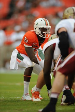 University of Miami Hurricanes quarterback Jacory Harris #12 plays in a game against the Boston College Eagles at Sun Life Stadium on November 25,...