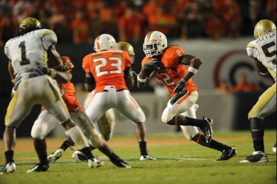 University of Miami Hurricanes running back Graig Cooper #2 carries the ball in a game against the Georgia Tech Yellow Jackets at Land Shark Stadium...