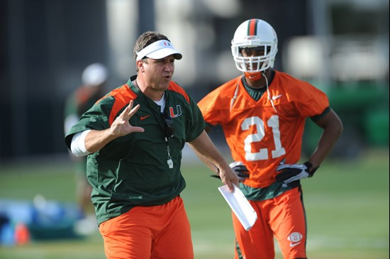 University of Miami Assistant Head Coach-Defensive Coordinator, Mark D Onofrio, instructs the team on how he wants them to execute his game plan...