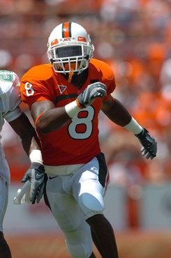 University of Miami wide receiver Darnell Jenkins #8 runs a pass route in a game against Marshall University at the Orange Bowl on September 1, 2007. ...