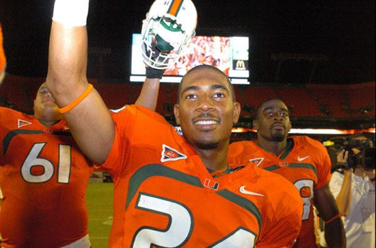 University of Miami Hurricanes defensive back Chavez Grant #24 and the team salute fans by singing the Alma Mater with them at the end of the game...