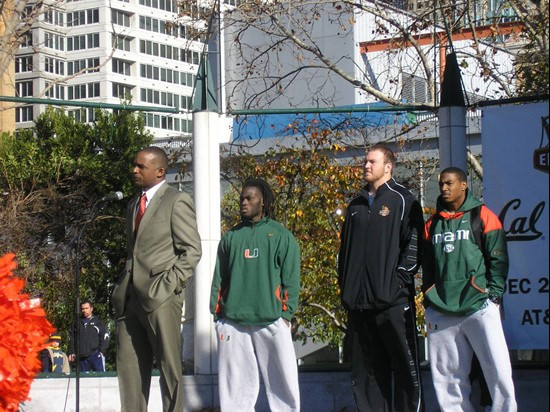 UM head coach Randy Shannon speaking at the Emerald Bowl pep rally