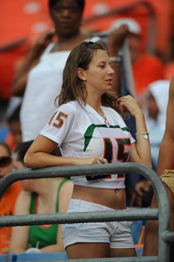 A University of Miami Hurricanes fan shows his team spirit in a game against the University of Central Florida Knights at Dolphin Stadium on October...