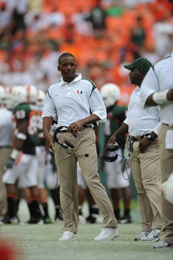 University of Miami Hurricanes head coach Randy Shannon calls in a play in a game against the Deamon Deacons of Wake Forest at Dolphin Stadium on...