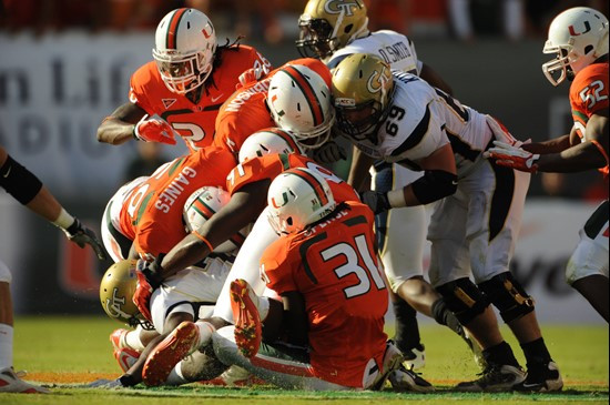 University of Miami Hurricanes linebacker Sean Spence #31 plays in a game against the Georgia Tech Yellow Jackets at Sun Life Stadium on October 22,...