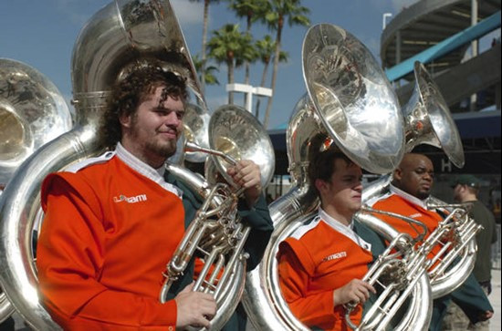 University of Miami Band of the Hour participants entertain fans in a game against the Deamon Deacons of Wake Forest at Dolphin Stadium on October 25,...