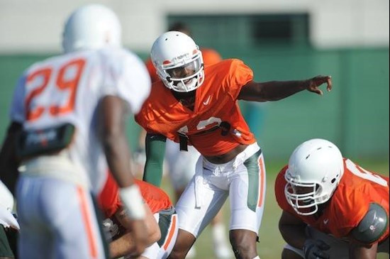 University of Miami Hurricanes quarterback Jacory Harris #12 at Greentree Practice Field on August 13 in afternoon drills to prepare for the upcoming...