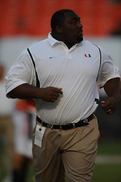 University of Miami Hurricanes defensive line coach Clint Hurtt prepares for a game against the Georgia Tech Yellow Jackets at Land Shark Stadium on...