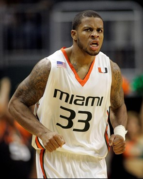 Jack McClinton reacts after scoring against Duke in the first half of a college basketball game in Coral Gables, Fla., Wednesday, Feb. 20, 2008. Miami...