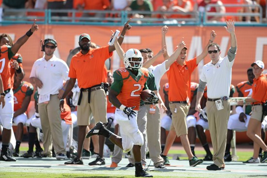 University of Miami Hurricanes running back Joseph Yearby #2 plays in a game against the Cincinnati Bearcats at Sun Life Stadium on October 11, 2014....