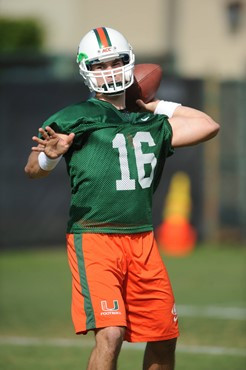 University of Miami quarterback, Spencer Whipple #16, in his first spring practice at Greentree Practice fields on March 5, 2011 on the University of...