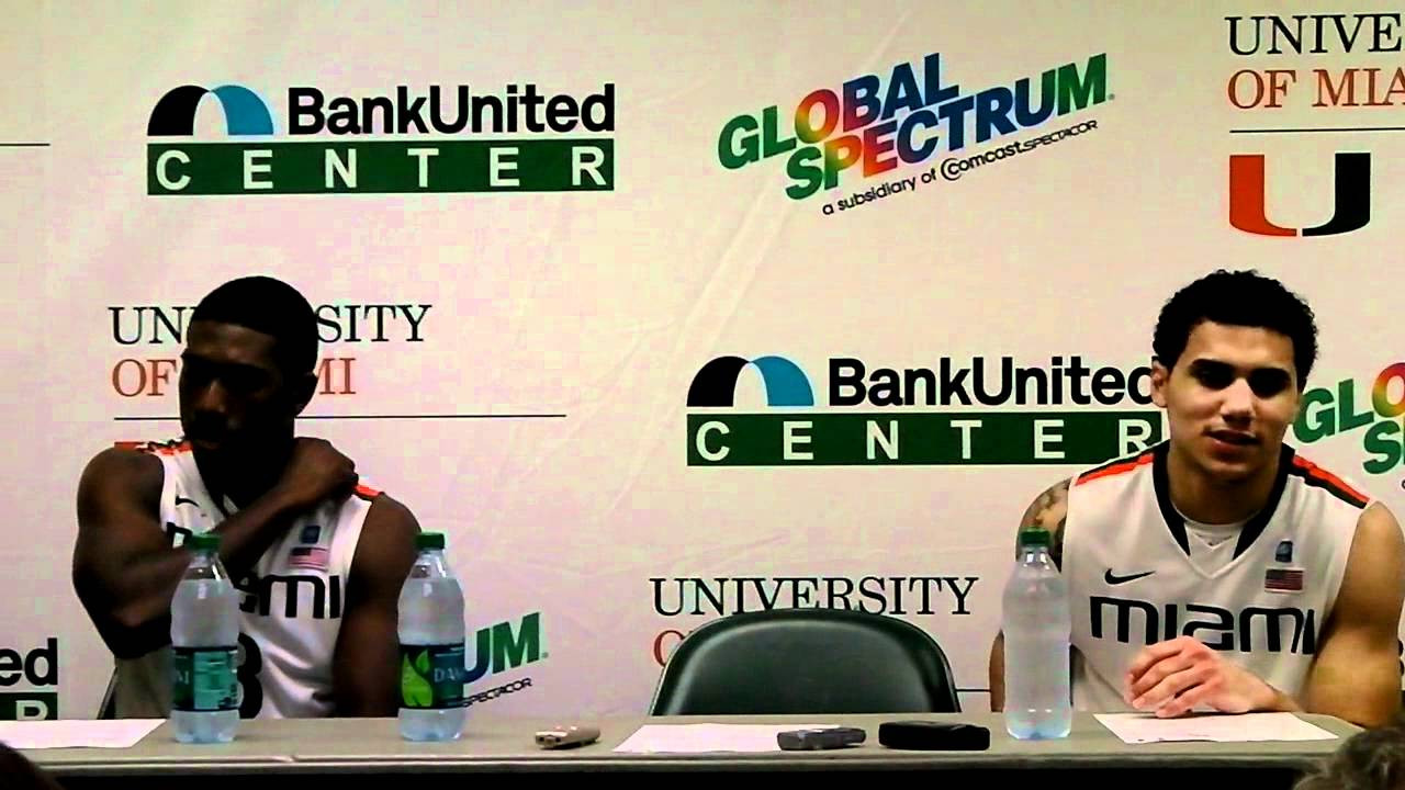 Miami players Malcolm Grant and Shane Larkin address the media after game against FGCU