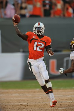 University of Miami Hurricanes quarterback Jacory Harris #12 plays in a game against the Bethune Cookman Wildcats at Sun Life Stadium on October 1,...