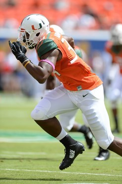 University of Miami Hurricanes linebacker Thurston Ambrister #34 plays in a game against the Cincinnati Bearcats at Sun Life Stadium on October 11,...