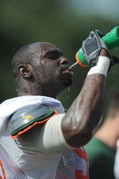 University of Miami Hurricanes defensive lineman Adewale Ojomo #97 cools down after practice at Greentree Practice Field on August 13 in afternoon...