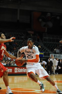 University of Miami Hurricanes guard, Garrius Adams #25, shoots a free throw against the Maryland Terrapins at the BankUnited Center on March 2, 2011....