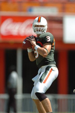 University of Miami quarterback Kyle Wright #3 gets set to take a snap in a game against the Duke University Blue Devils at the Orange Bowl on...