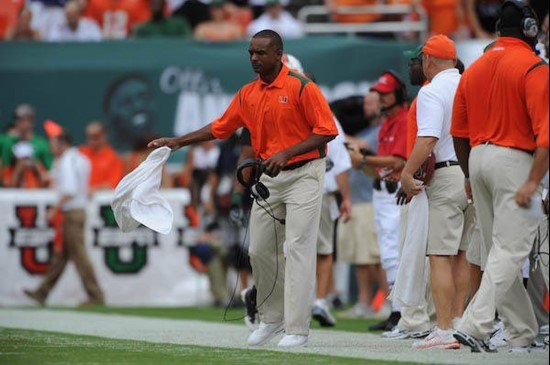 Miami Hurricanes head coach Randy Shannon on the sidelines in a game against the University of Central Florida Knights at Dolphin Stadium on October...
