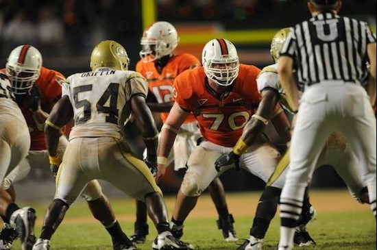 University of Miami Hurricanes guard A.J. Trump #70 plays in a game against the Georgia Tech Yellow Jackets at Land Shark Stadium on September 17,...