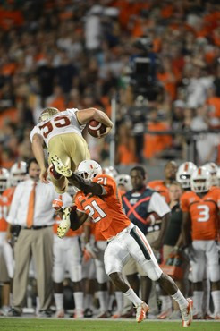 University of Miami Hurricanes defensive back Brandon McGee #21 plays in a game against the Florida State Seminoles at Sun Life Stadium on October...