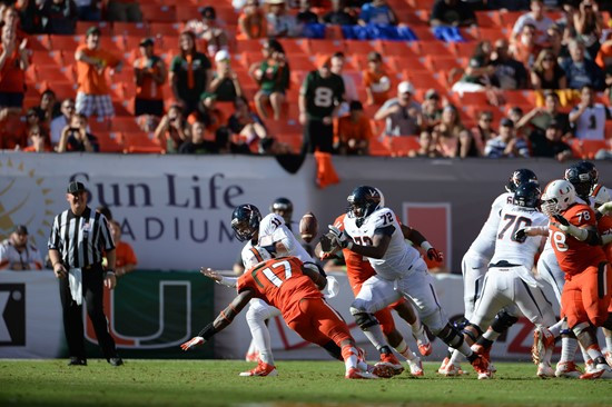 University of Miami Hurricanes linebacker Tyriq McCord #17 plays in a game against the Virginia Cavaliers at Sun Life Stadium on November 23, 2013. ...