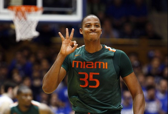 Miami's Kenny Kadji  reacts following a basket against Duke during the first half of an NCAA college basketball game in Durham, N.C., Sunday, Feb. 5,...