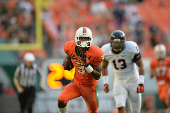 University of Miami Hurricanes wide receiver Stacy Coley #3 plays in a game against the Virginia Cavaliers at Sun Life Stadium on November 23, 2013. ...