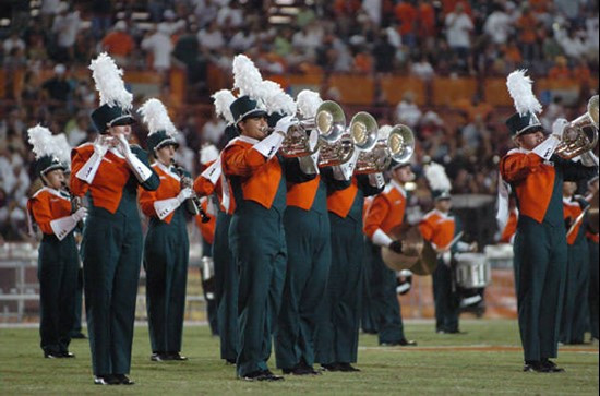 The University of Miami Band of the Hour entertains the crowd during a game against the Texas A&M Aggies at the Orange Bowl on September 20, 2007. ...