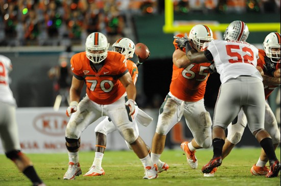 University of Miami Hurricanes offensive lineman Jonathan Feliciano #70 plays in a game against the Ohio State Buckeyes at Sun Life Stadium on...