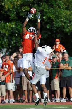 University of Miami Hurricanes players LaRon Byrd #47 at Cobb Stadium training for the upcoming 2010 season. The practice was open for Season ticket...