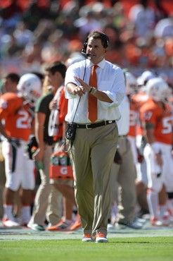 University of Miami Hurricanes head coach Al Golden on the sidelines in a game against the Georgia Tech Yellow Jackets at Sun Life Stadium on October...